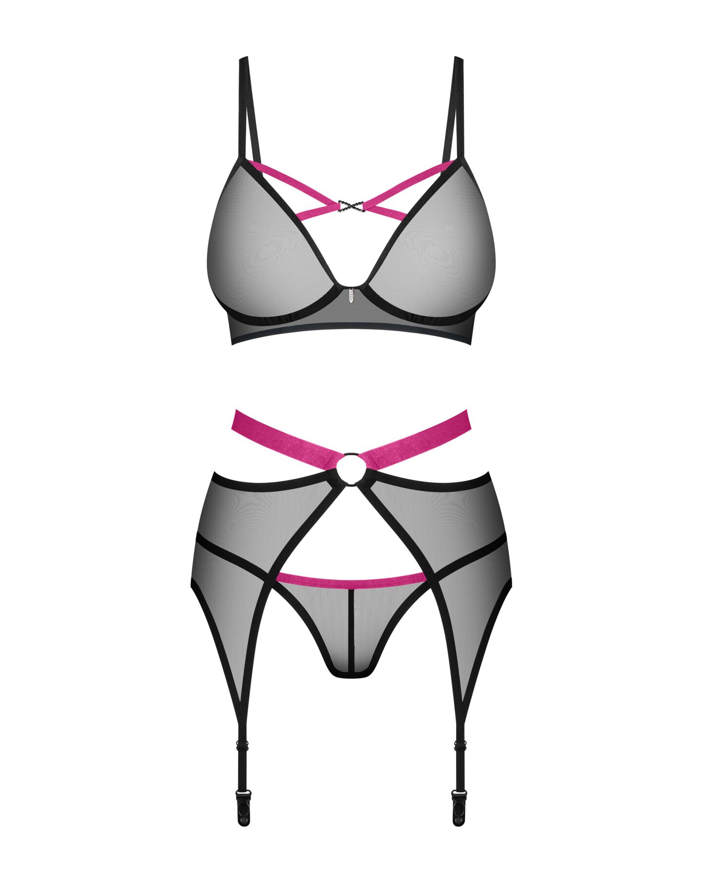 Комплект Obsessive Novenes 3-pcs set, XL/2XL, прозорий ліф на кісточках, стрінги, пояс