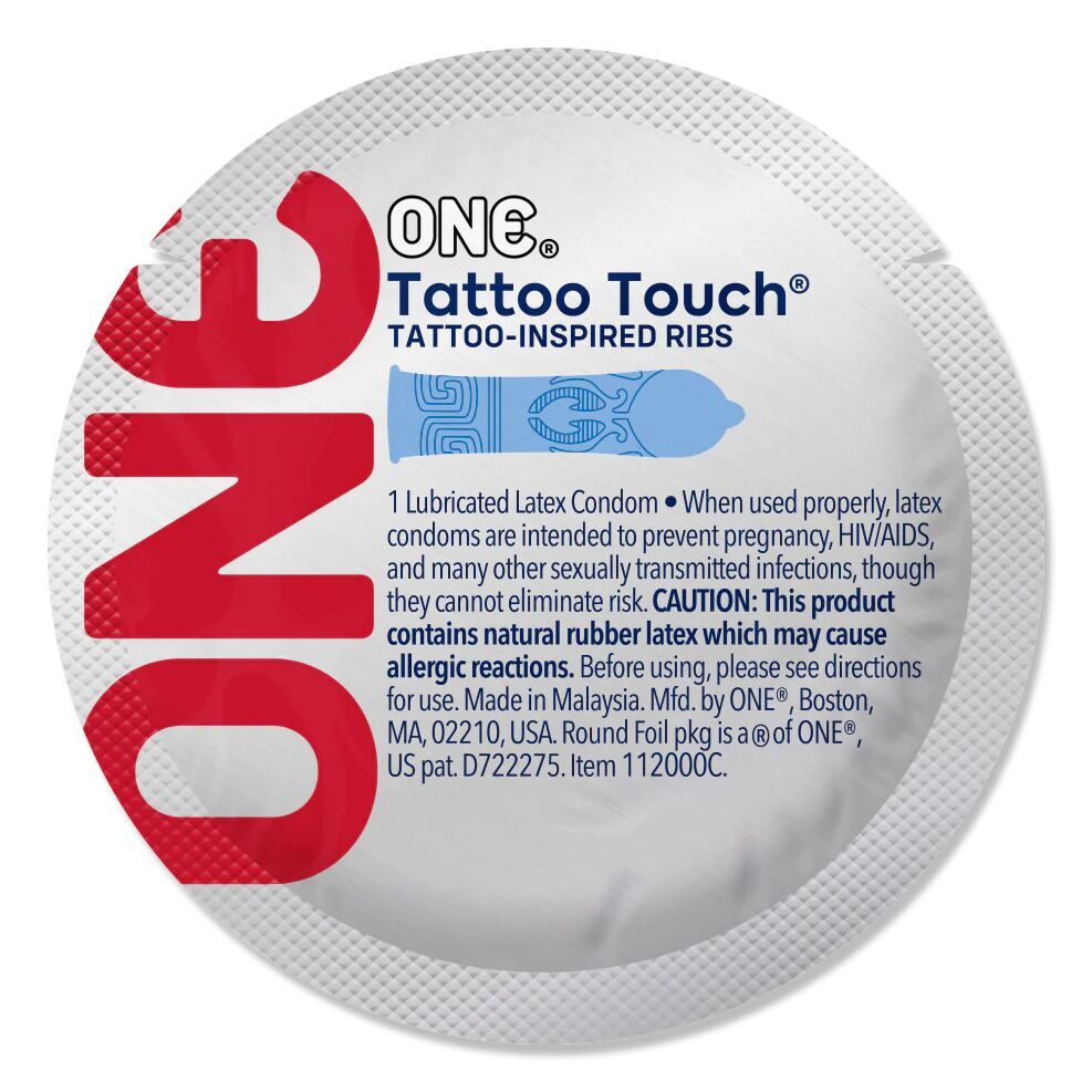 Презерватив ONE Tattoo Touch Blue, 1 шт, голубой, с рельефом в виде татуировки