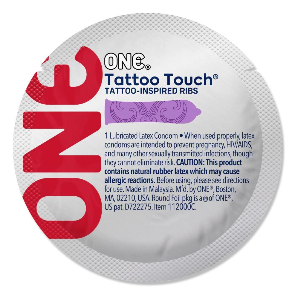 Презерватив ONE Tattoo Touch Purple, 1 шт, фиолетовый с рельефом в виде татуировки