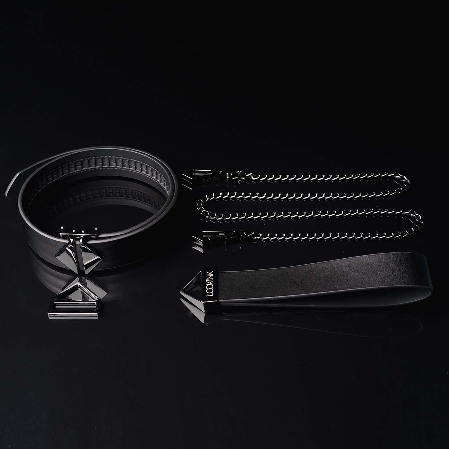 Нашийник з повідцем LOCKINK Tied Collar with Leash Set, чорний, ланцюг зі шкіряною петлею та карабіном