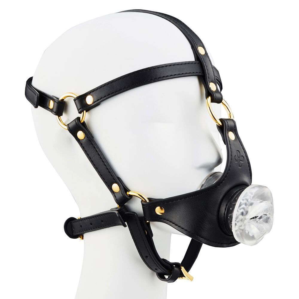 Маска-збруя для мінету LOCKINK SEVANDA Blowjob Head Harness, чорна, з м’якою вставкою у вигляді губ