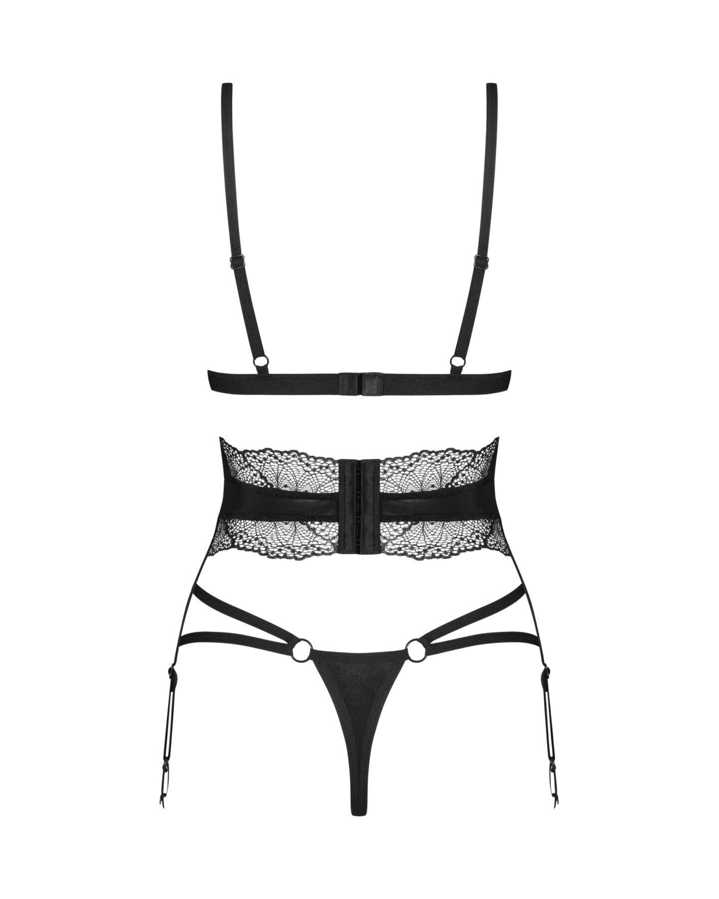 Комплект Obsessive Lobellis 3-pcs set, XS/S, черный, лиф с мягкой чашкой, стринги, пояс для чулок