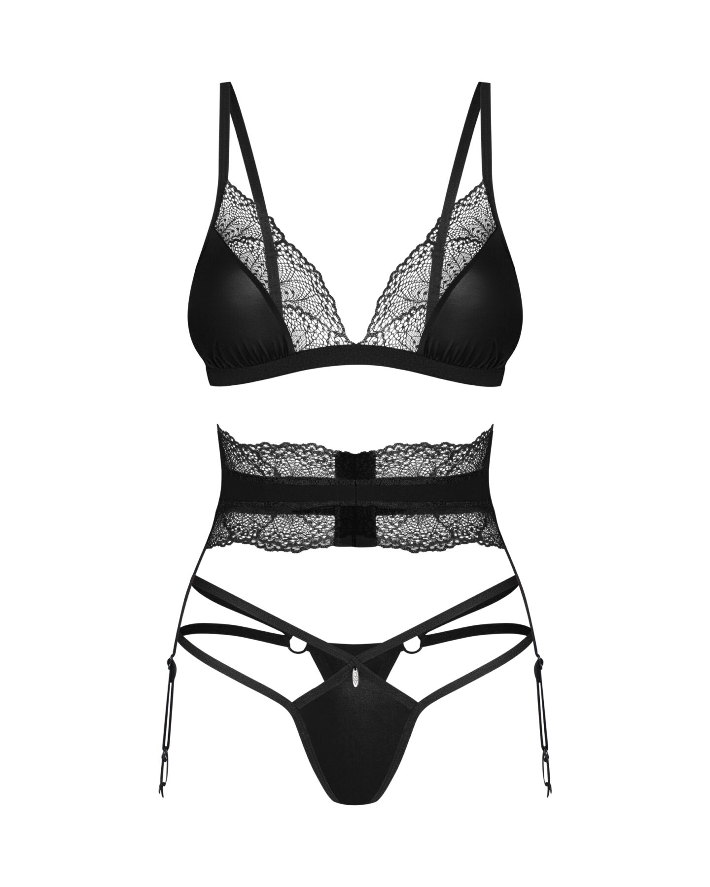 Комплект Obsessive Lobellis 3-pcs set, M/L, чорний, ліф з м’якою чашкою, стрінги, пояс для панчіх