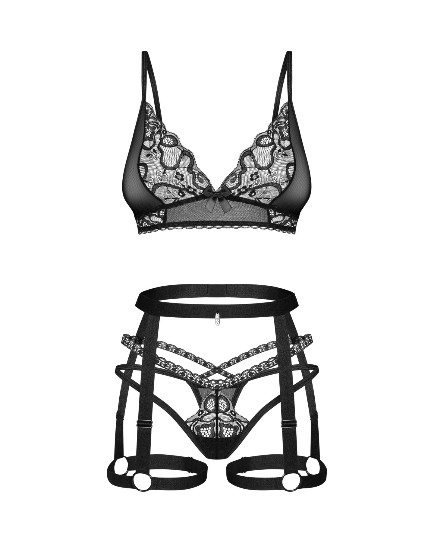 Комплект Obsessive Blomentis 3-pcs set, XS/S, м’який ліф, стрінги зі стрепами, пояс із гартерами