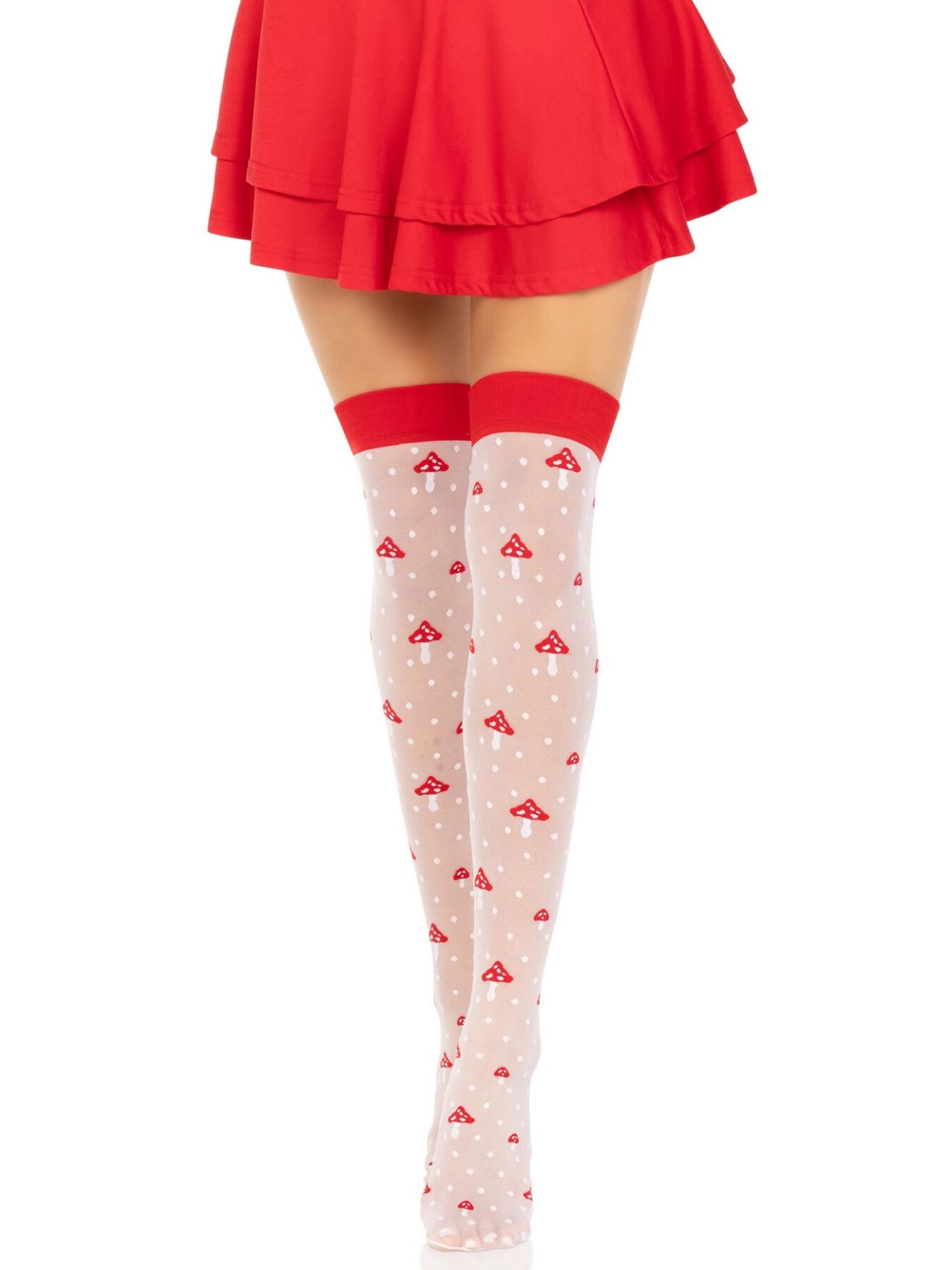 Чулки Leg Avenue Polka Dot Mushroom Thigh Highs, One Size, бело-красные, на резинке, рисунок — грибы