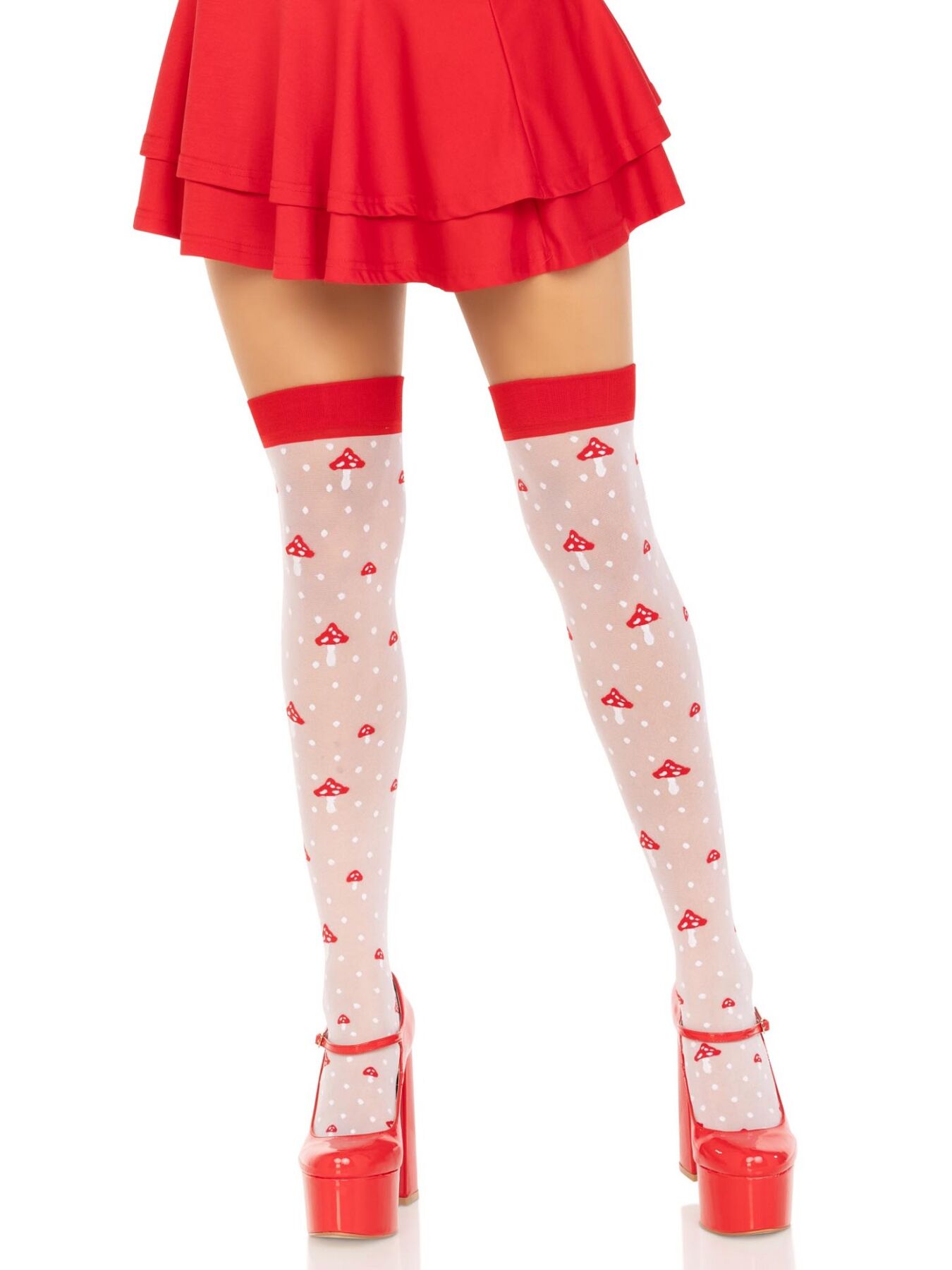 Чулки Leg Avenue Polka Dot Mushroom Thigh Highs, One Size, бело-красные, на резинке, рисунок — грибы