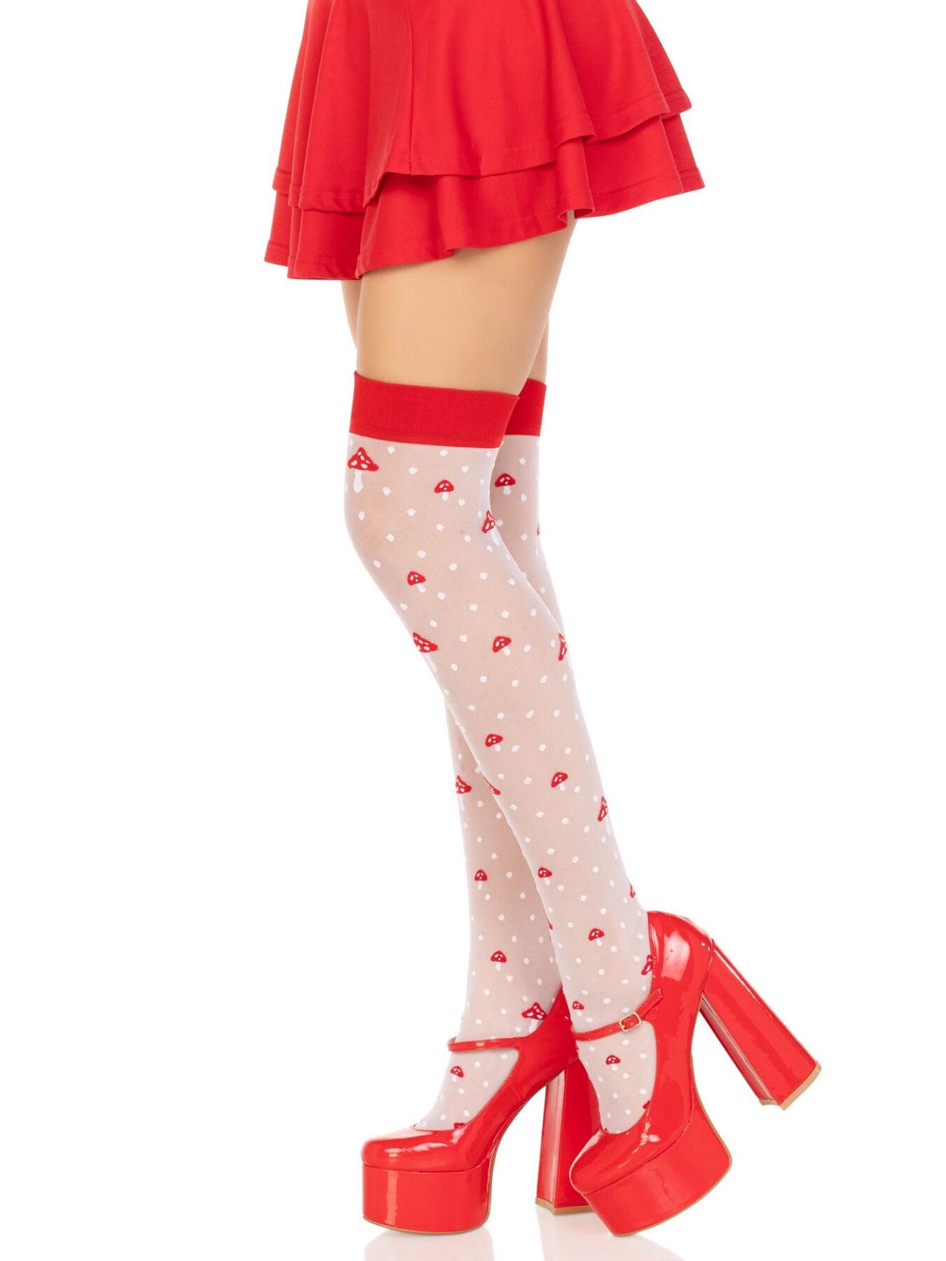 Чулки Leg Avenue Polka Dot Mushroom Thigh Highs, One Size, бело-красные, на резинке, рисунок — грибы