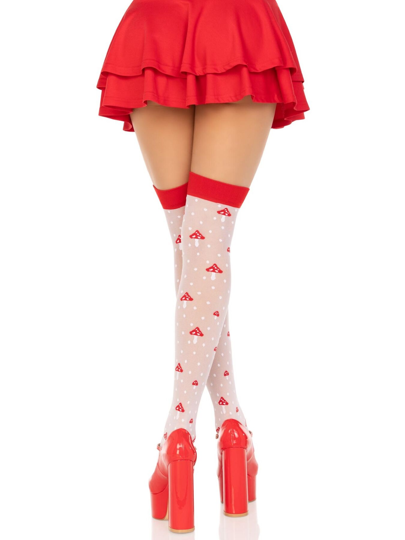 Чулки Leg Avenue Polka Dot Mushroom Thigh Highs, One Size, бело-красные, на резинке, рисунок — грибы