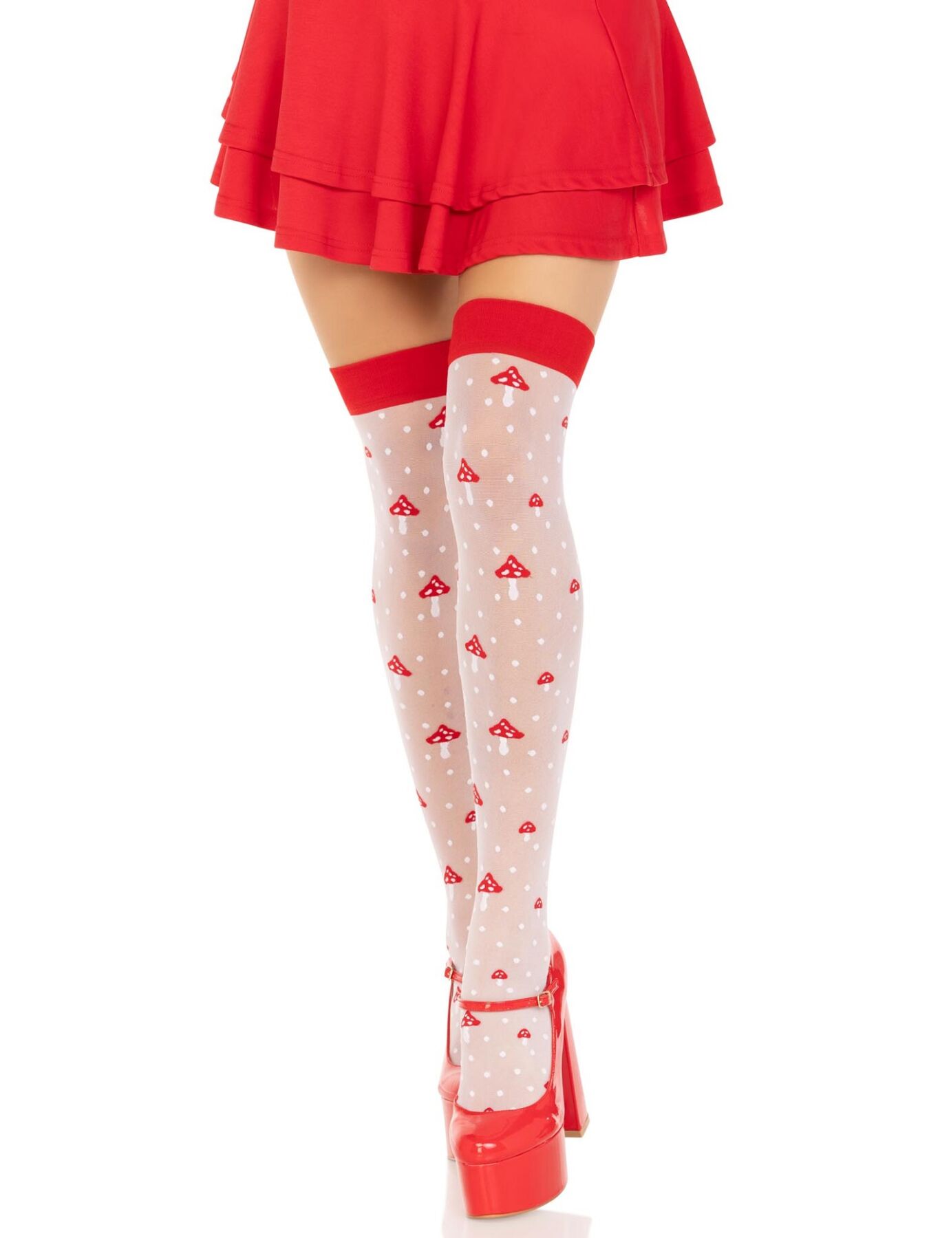 Чулки Leg Avenue Polka Dot Mushroom Thigh Highs, One Size, бело-красные, на резинке, рисунок — грибы