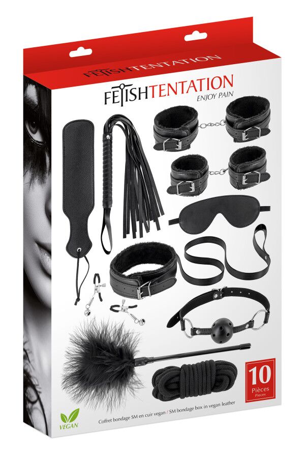 Набір для BDSM усе-в-одному Fetish Tentation SM Bondage Box in vegan leather, 10 предметів