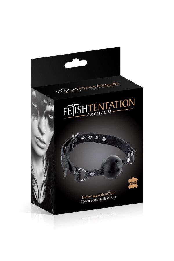 Повітропроникний кляп Fetish Tentation Premium Leather gag with stiff ball, шкіряний ремінець