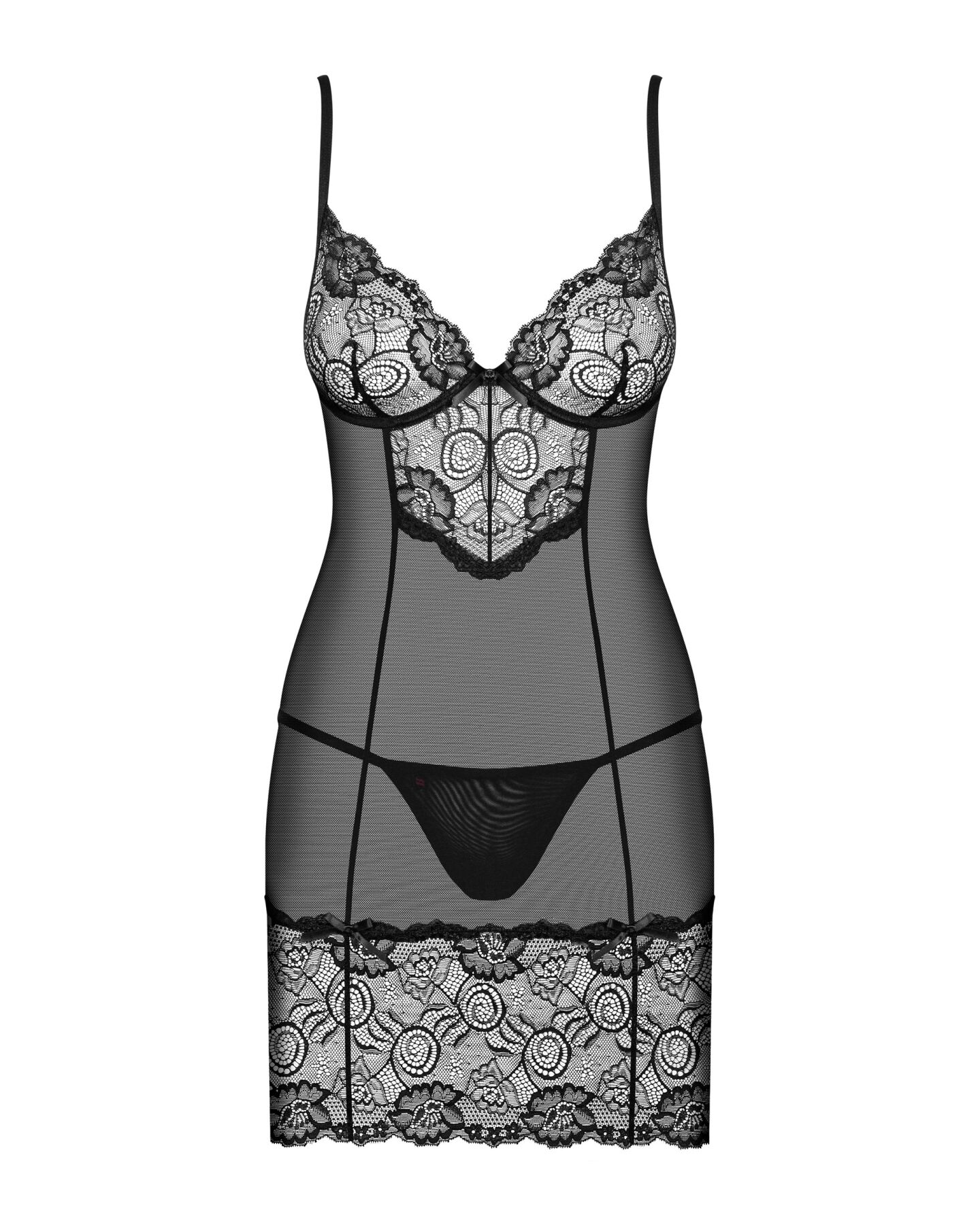Сорочка Obsessive Alluria chemise & thong, S/M, черная, кружево+микросетка, стринги в комплекте