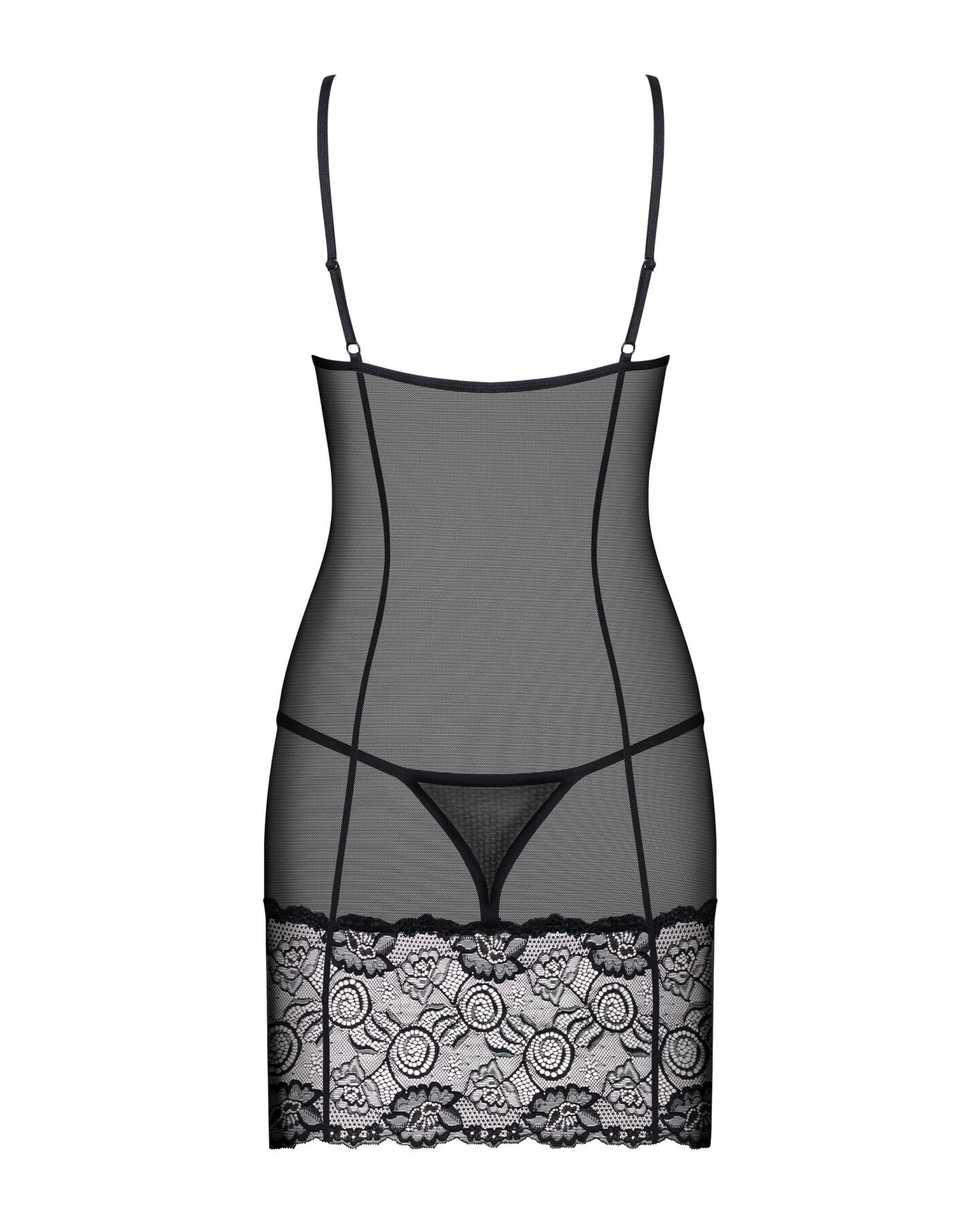 Сорочка Obsessive Alluria chemise & thong, S/M, черная, кружево+микросетка, стринги в комплекте