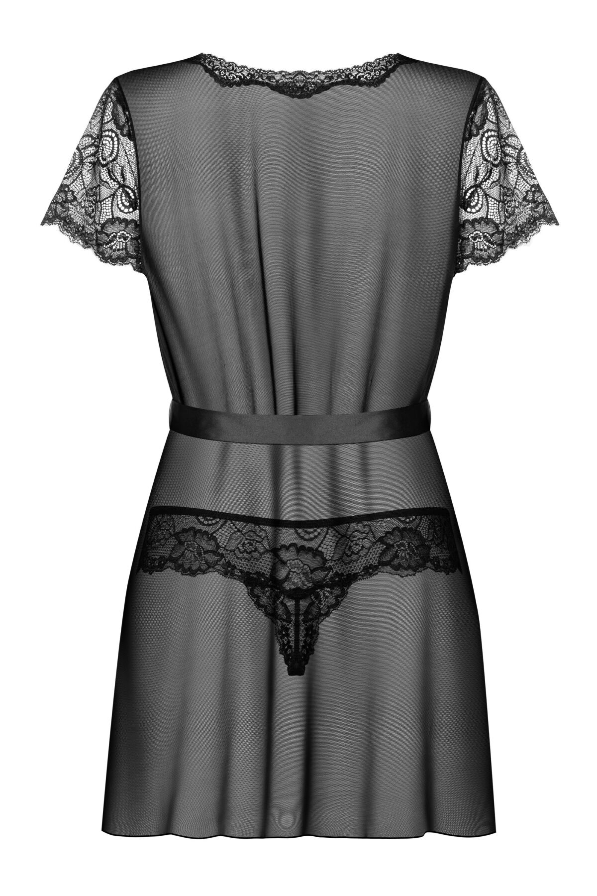 Пеньюар Obsessive Alluria peignoir & thong, L/XL, прозорий, з мереживом, пояс, трусики в комплекті
