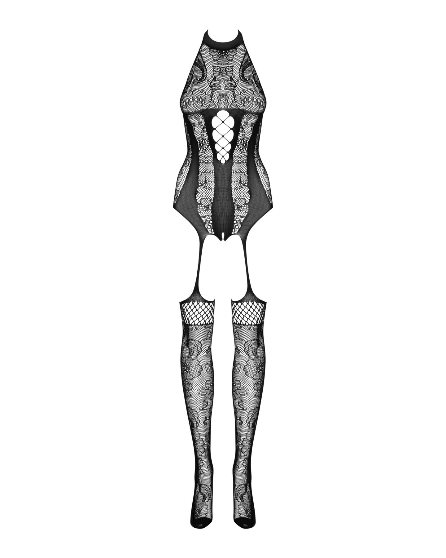 Бодістокінг Obsessive Bodystocking F240, XL/XXL, чорний, мереживний малюнок, імітація боді з панчохами