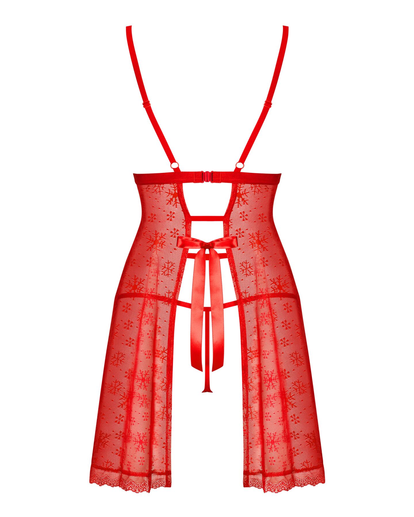 Сорочка Obsessive Claussica, M/L, красная, прозрачная с узором, стринги в комплекте