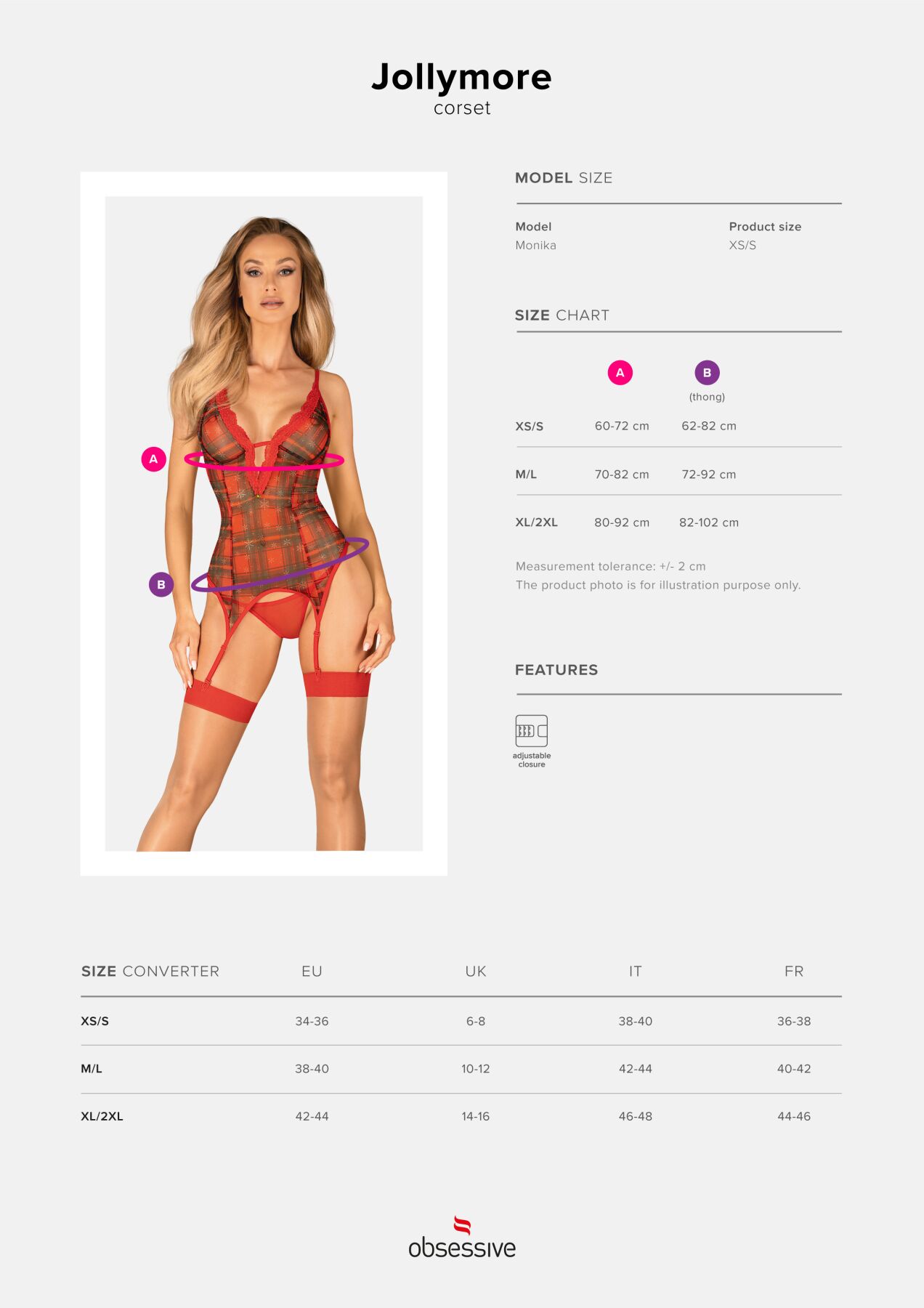 Корсет Obsessive Jollymore corset, XS/S, у клітинку, з мереживом, пажі для панчіх, стрінги в комплекті