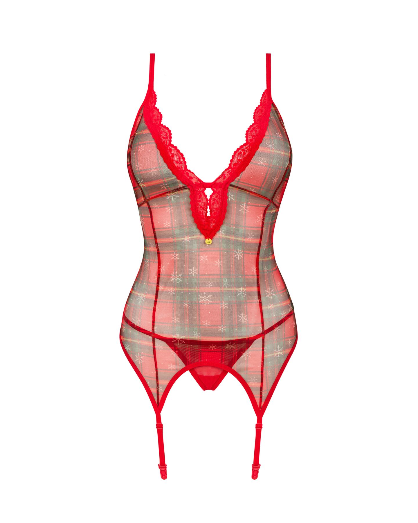 Корсет Obsessive Jollymore corset, M/L, у клітинку, з мереживом, пажі для панчіх, стрінги в комплекті