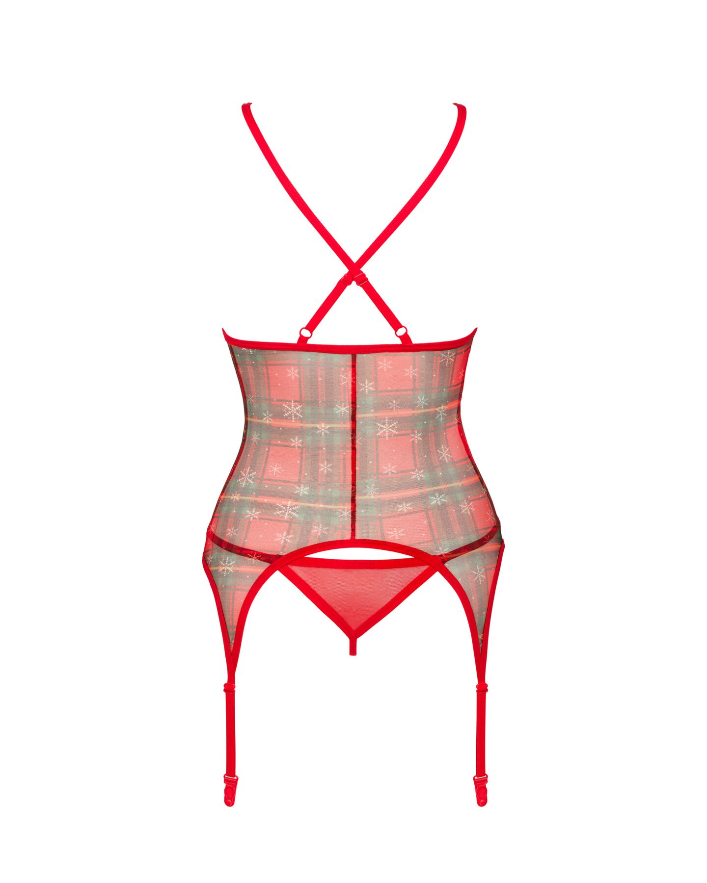 Корсет Obsessive Jollymore corset, XL/2XL, у клітинку, з мереживом, пажі для панчіх, стрінги в комплекті