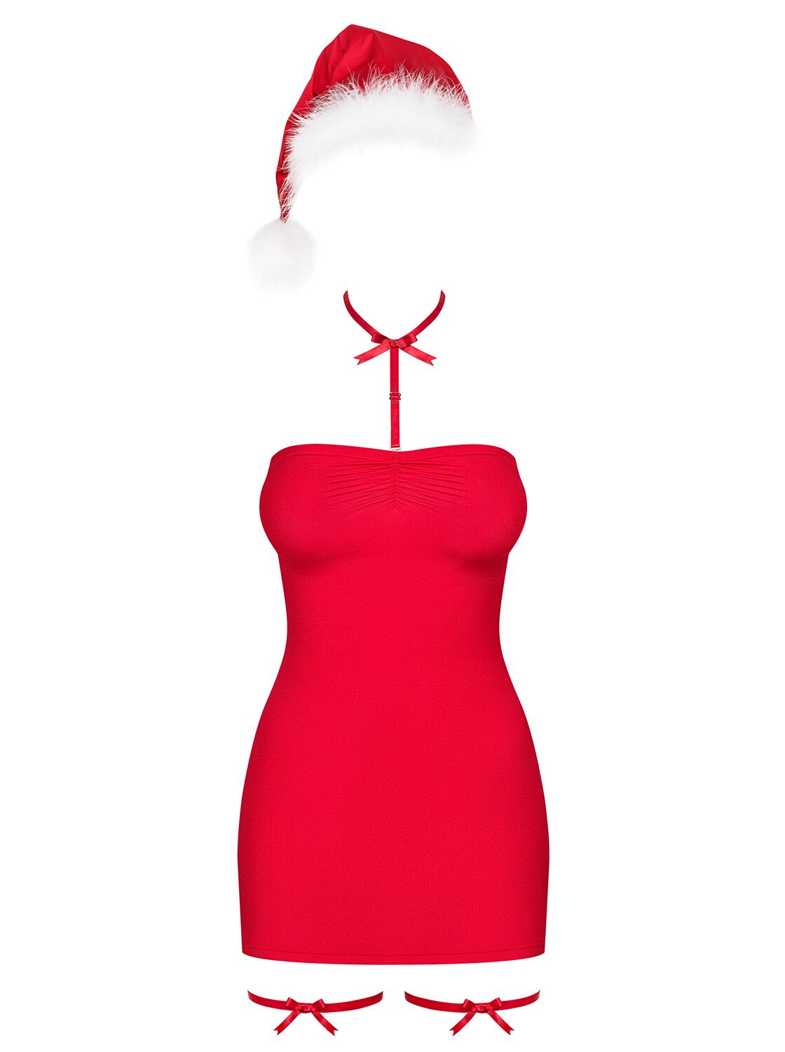 Сорочка Obsessive Kissmas chemise, L/XL, красная, чокер, гартеры и шапочка с помпоном в комплекте