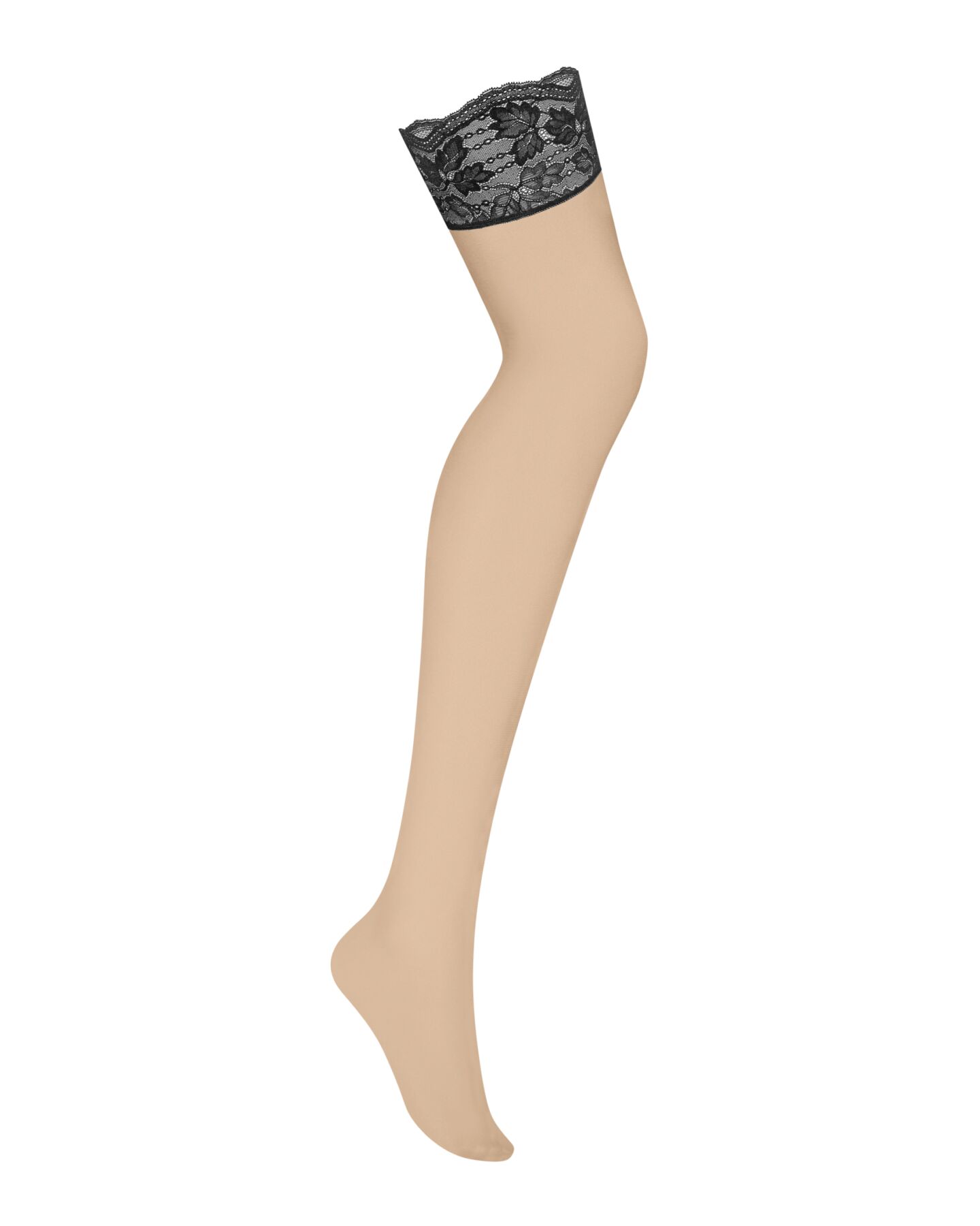 Чулки Obsessive Nutris stockings, M/L, телесные, с черным кружевом, под пояс