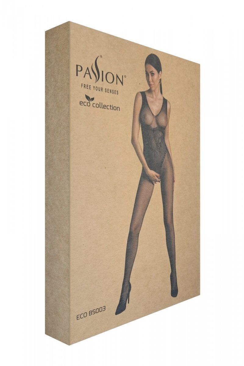 Бодистокинг Passion ECO BS003, черный, One Size, открытая промежность, имитация корсета и чулок