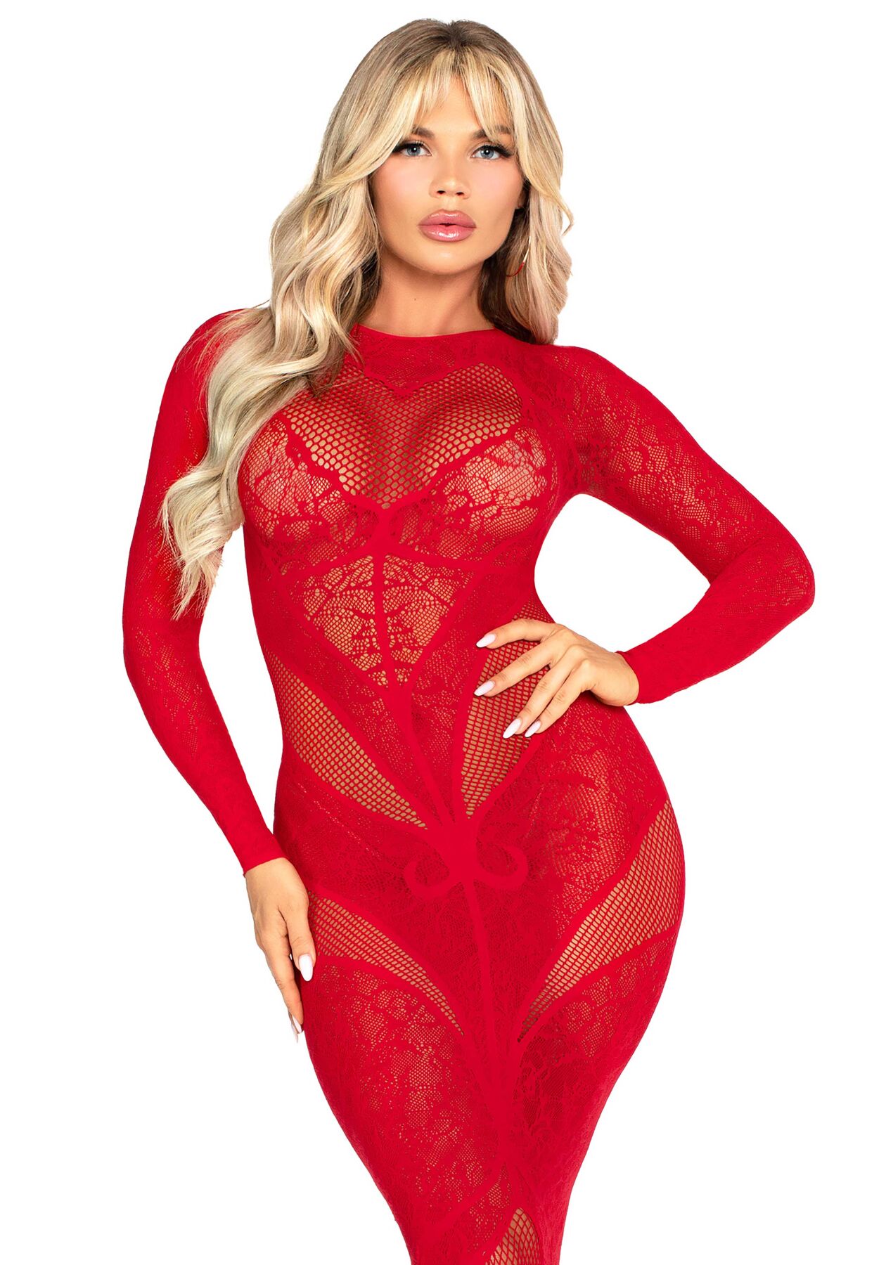 Платье с длинным рукавом Leg Avenue Lace and Net Bodycon Gown One Size, Red