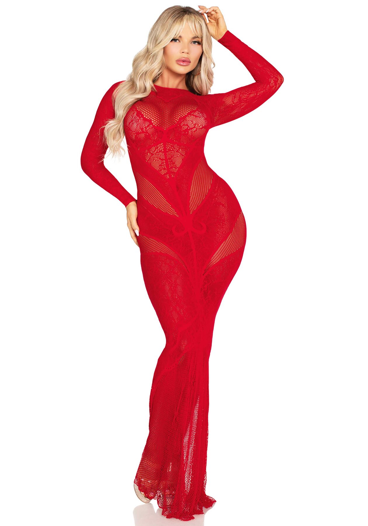 Платье с длинным рукавом Leg Avenue Lace and Net Bodycon Gown One Size, Red