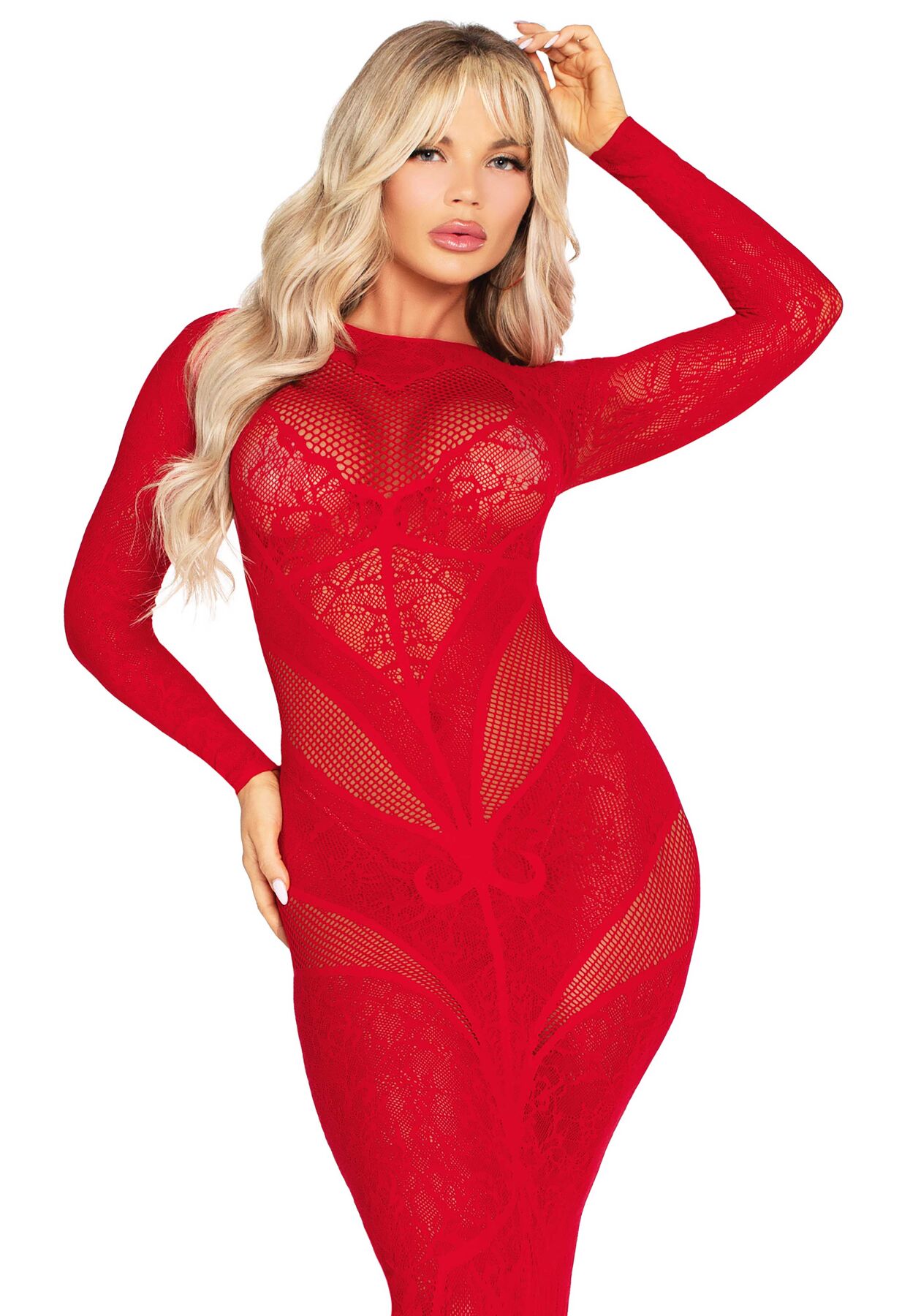 Платье с длинным рукавом Leg Avenue Lace and Net Bodycon Gown One Size, Red
