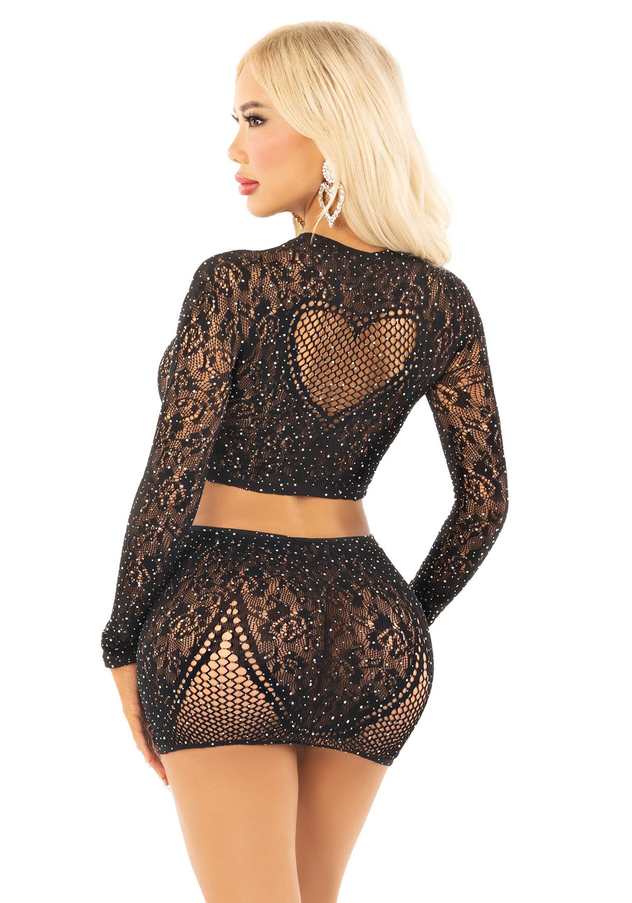 Блискучий комплект кроп-топ і спідниця Leg Avenue Rhinestone One Size, Black, довгий рукав