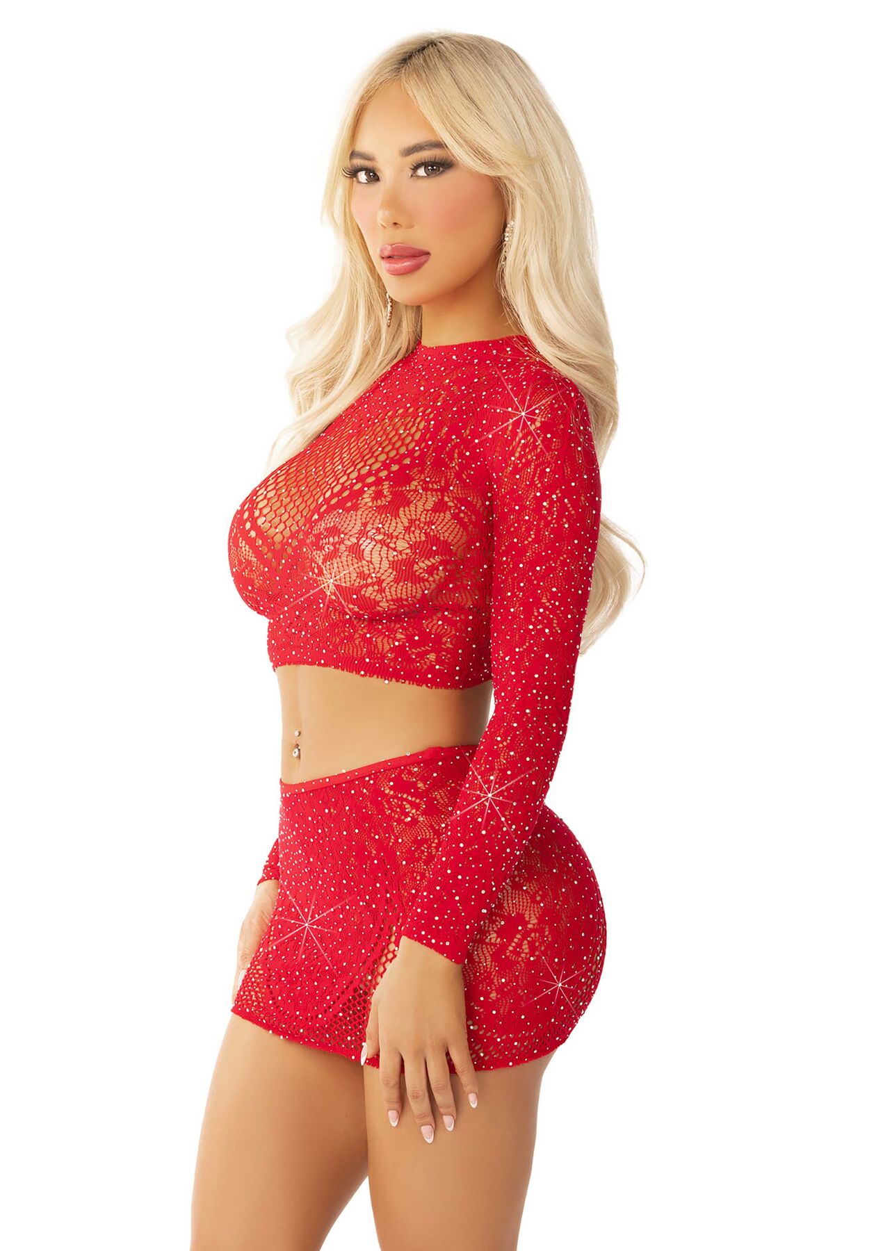 Блискучий комплект кроп-топ і спідниця Leg Avenue Rhinestone One Size, Red, довгий рукав