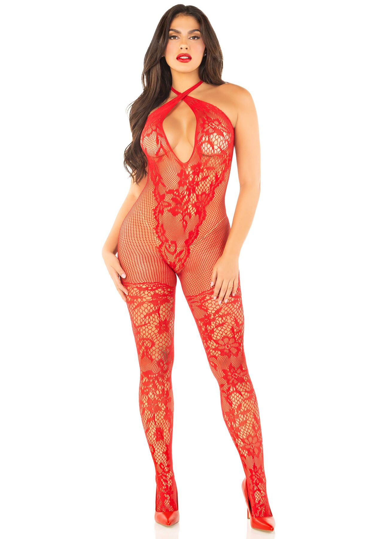 Бодистокинг с глубоким декольте Leg Avenue Seamless Net and Lace Lingerie Jumpsuit One Size, Red