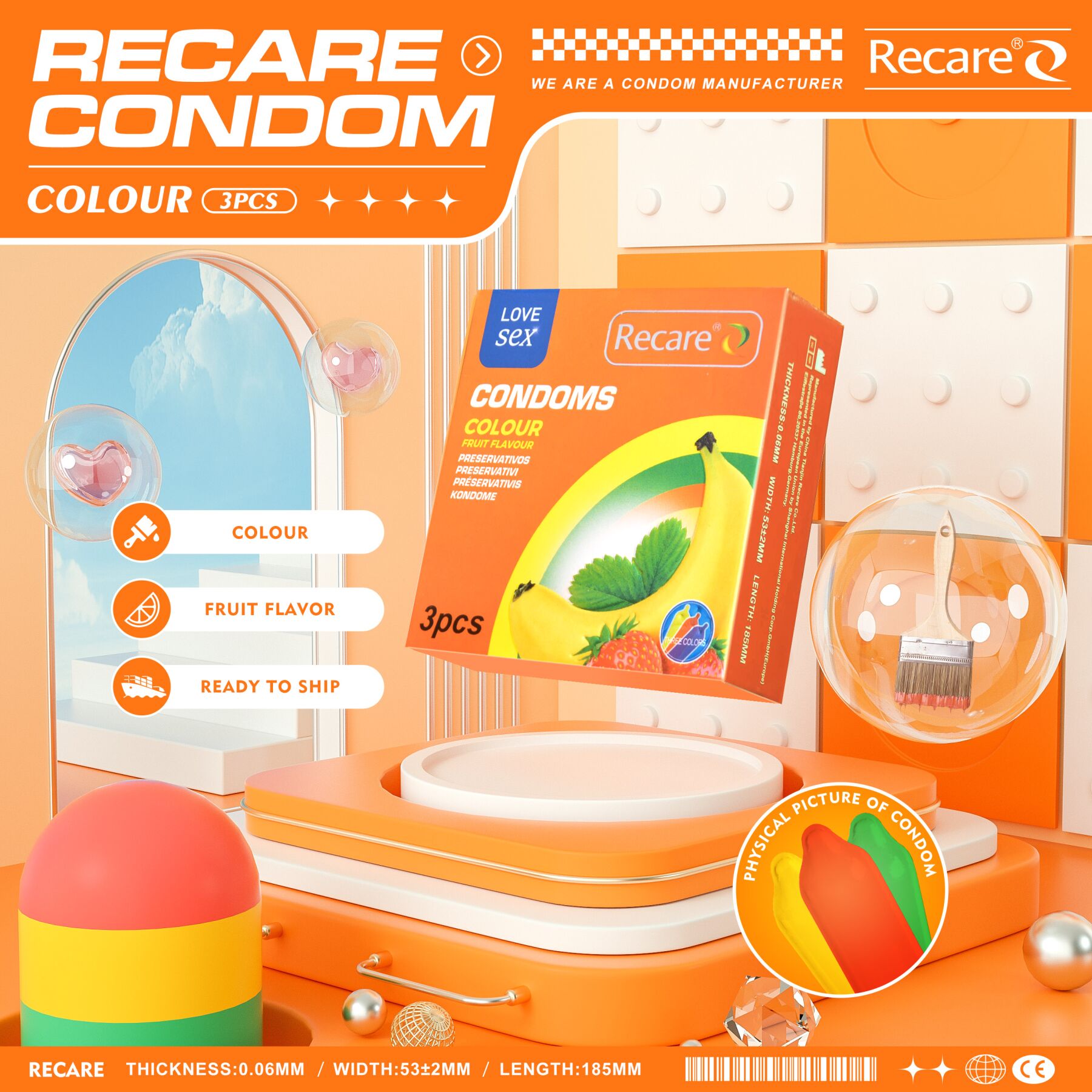 Презервативи Recare Color Fruit Flavour Condoms 3 шт, аромати: м'ята, банан, полуниця