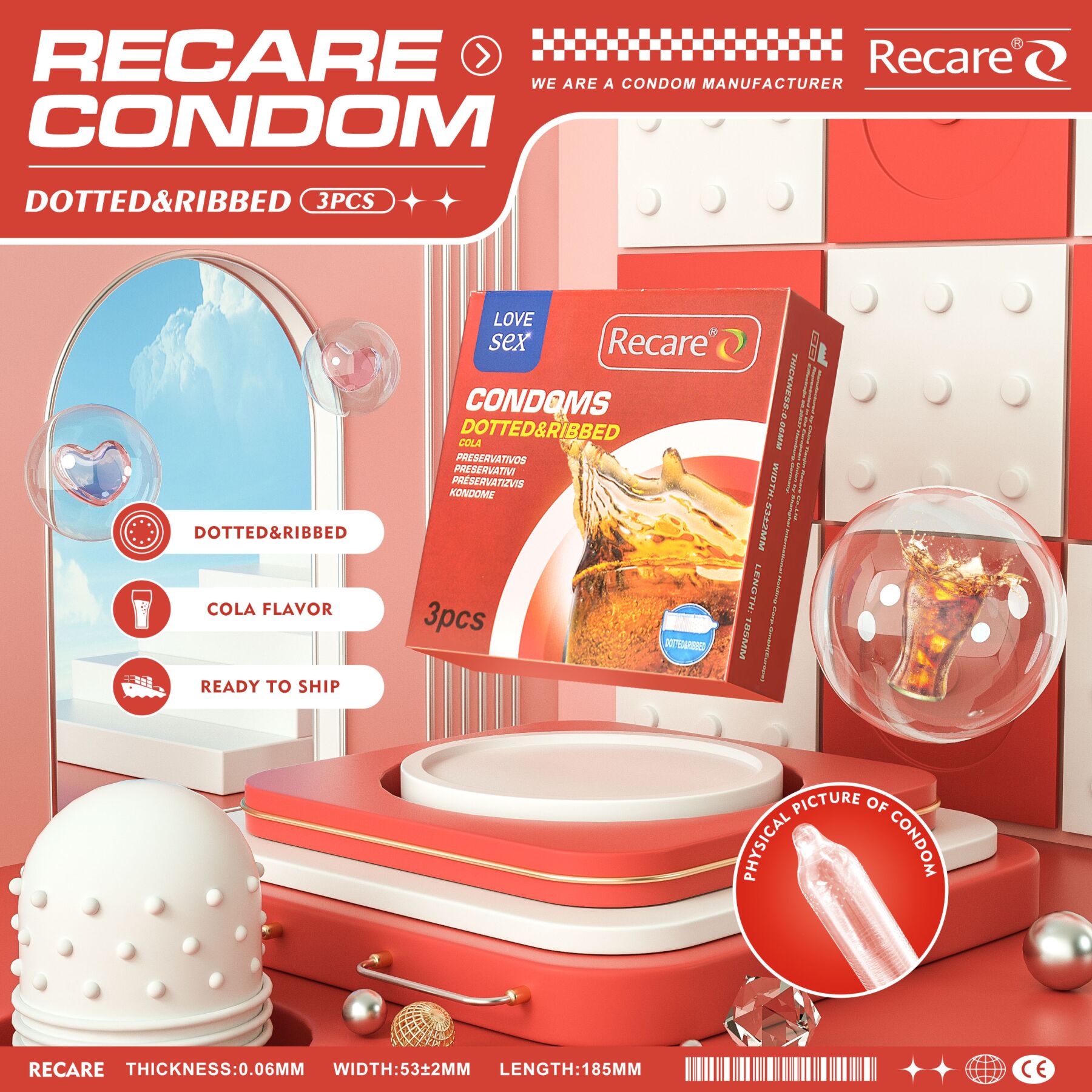 Презервативы Recare Cola Dotted&Ribbed Condoms 3 шт, с пупырышками и ребрами, аромат: Кола