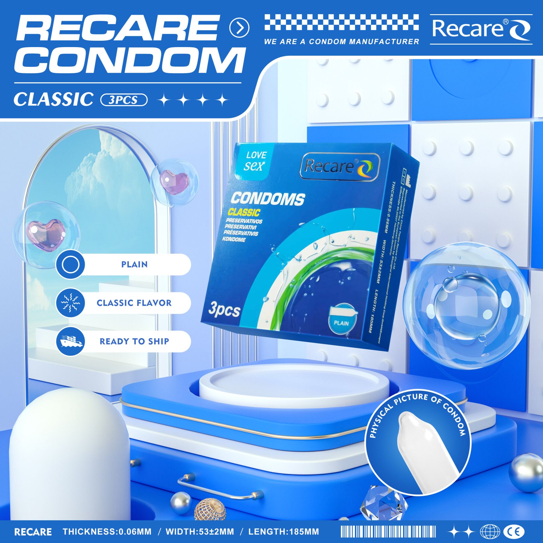 Презервативы Recare Classic Condoms 3 шт, классические