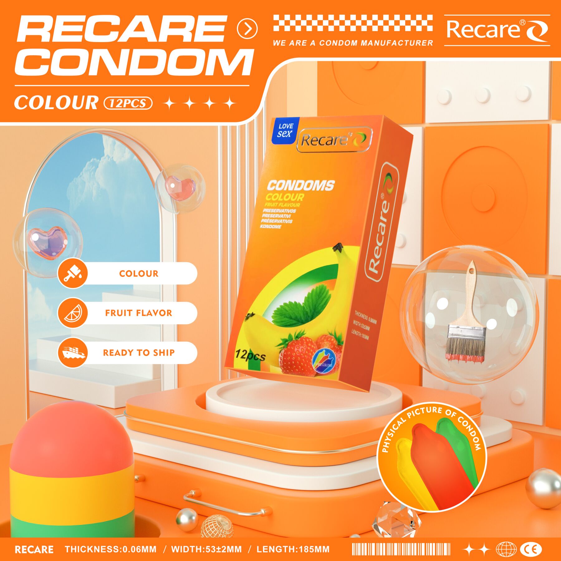 Презервативи Recare Color Fruit Flavour Condoms 12 шт, аромати: м'ята, банан, полуниця