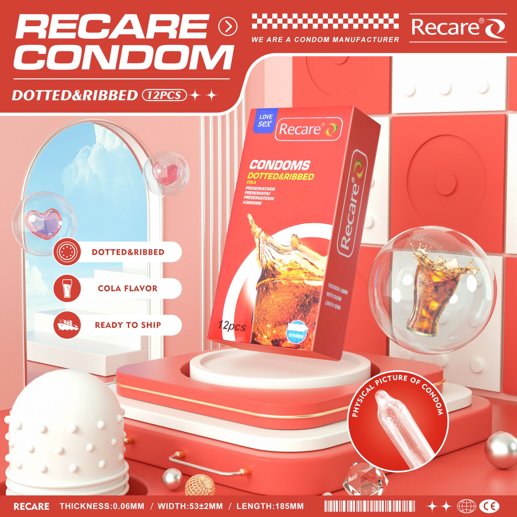 Презервативи Recare Cola Dotted&Ribbed Condoms 12 шт, з пухирцями та ребрами, аромат: Кола