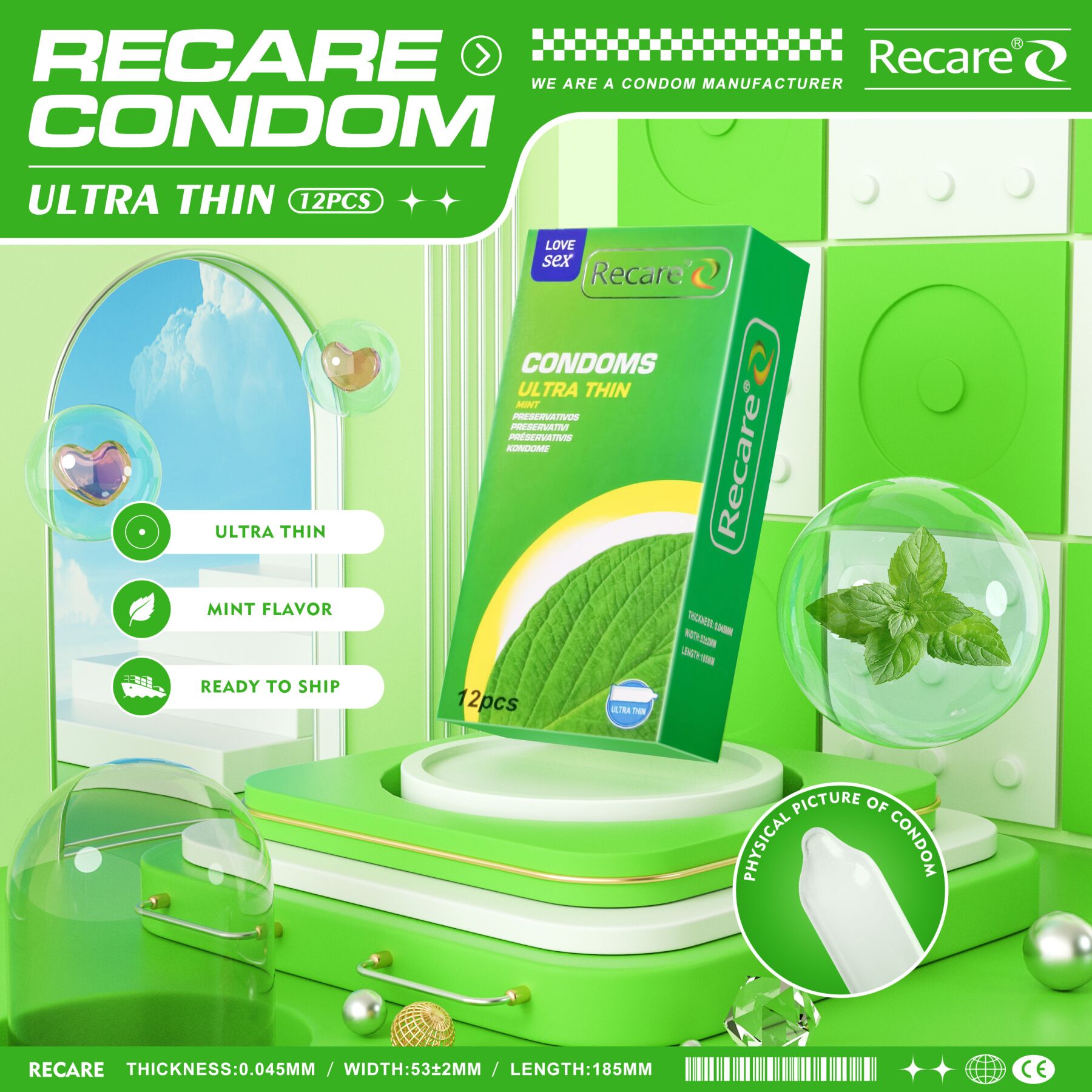 Презервативы Recare Ultra Thin Mint Condoms 12 шт, ультратонкие, аромат: мята