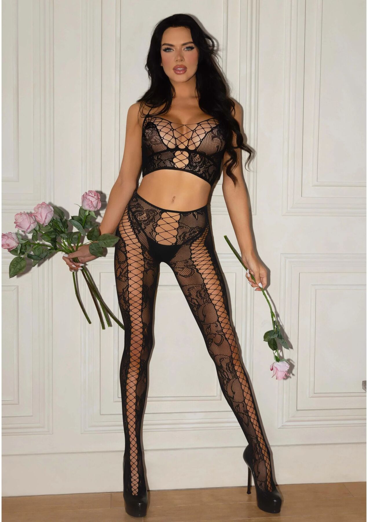Комплект Leg Avenue Net & Lace Crop Top and Tights One Size Black