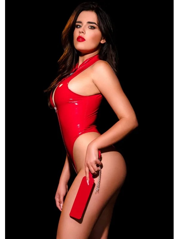 Спокусливе глянсове боді Oh My G! Tokyo Body з блискавкою спереду, червоний, S/M