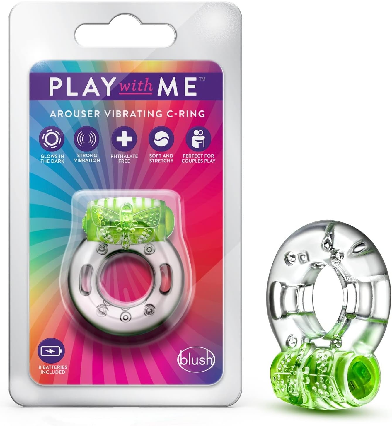 Ерекційне віброкільце Blush Play With Me з рельєфним метеликом для клітора, прозоро-зелене