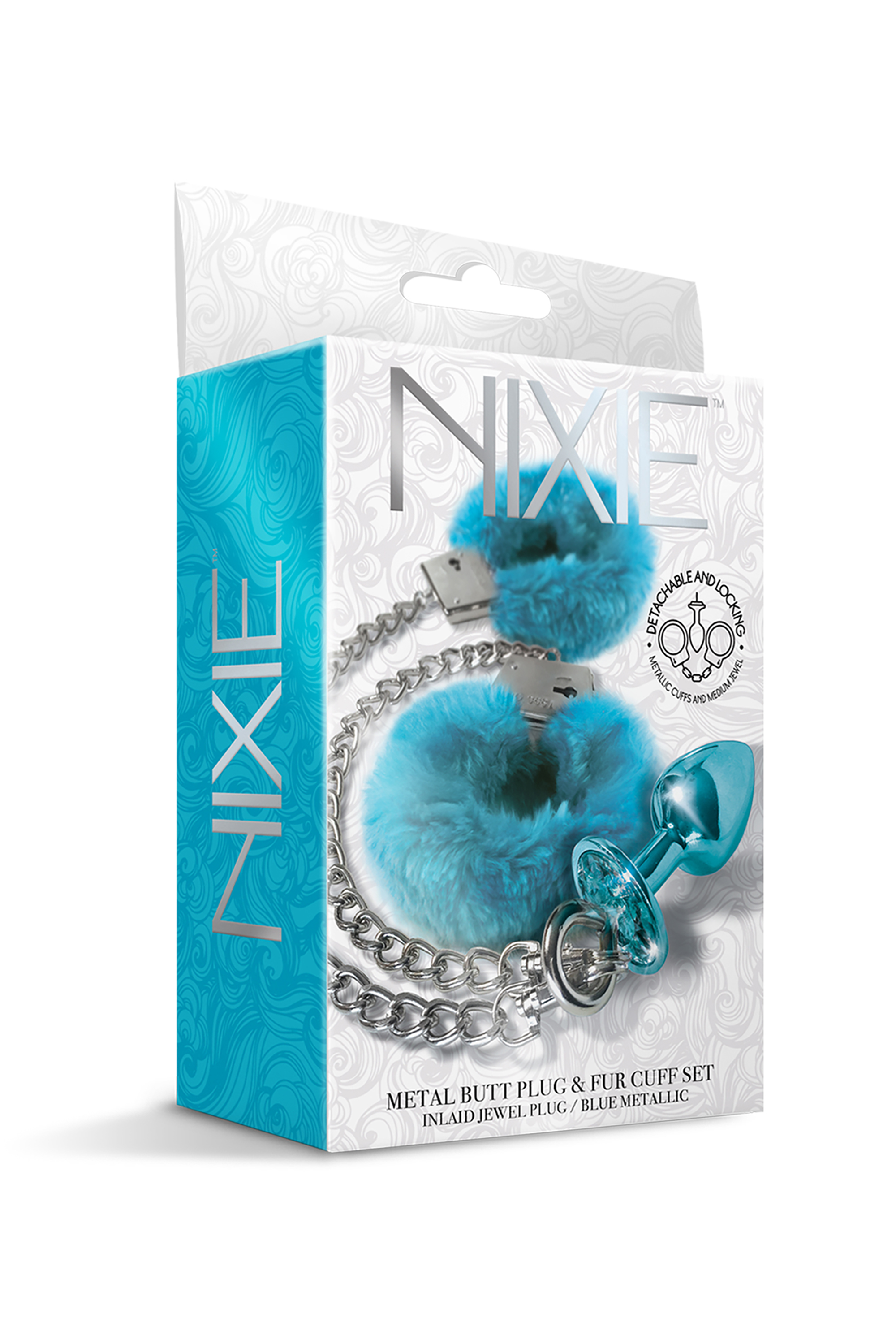 Набір Global Novelties NIXIE METAL BUTT PLUG & FURRY HANDCUFF SET, MEDIUM, BLUE METALLIC