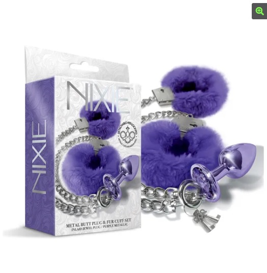 Набір Global Novelties NIXIE METAL BUTT PLUG& FURRY HANDCUFF SET, MEDIUM, PURPLE METALLIC