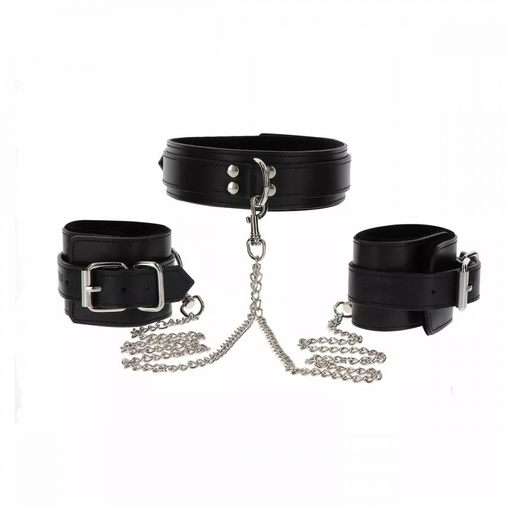 Широкий нашийник з наручниками та ланцюгом Taboom Luxury Bondage Essentials, чорний