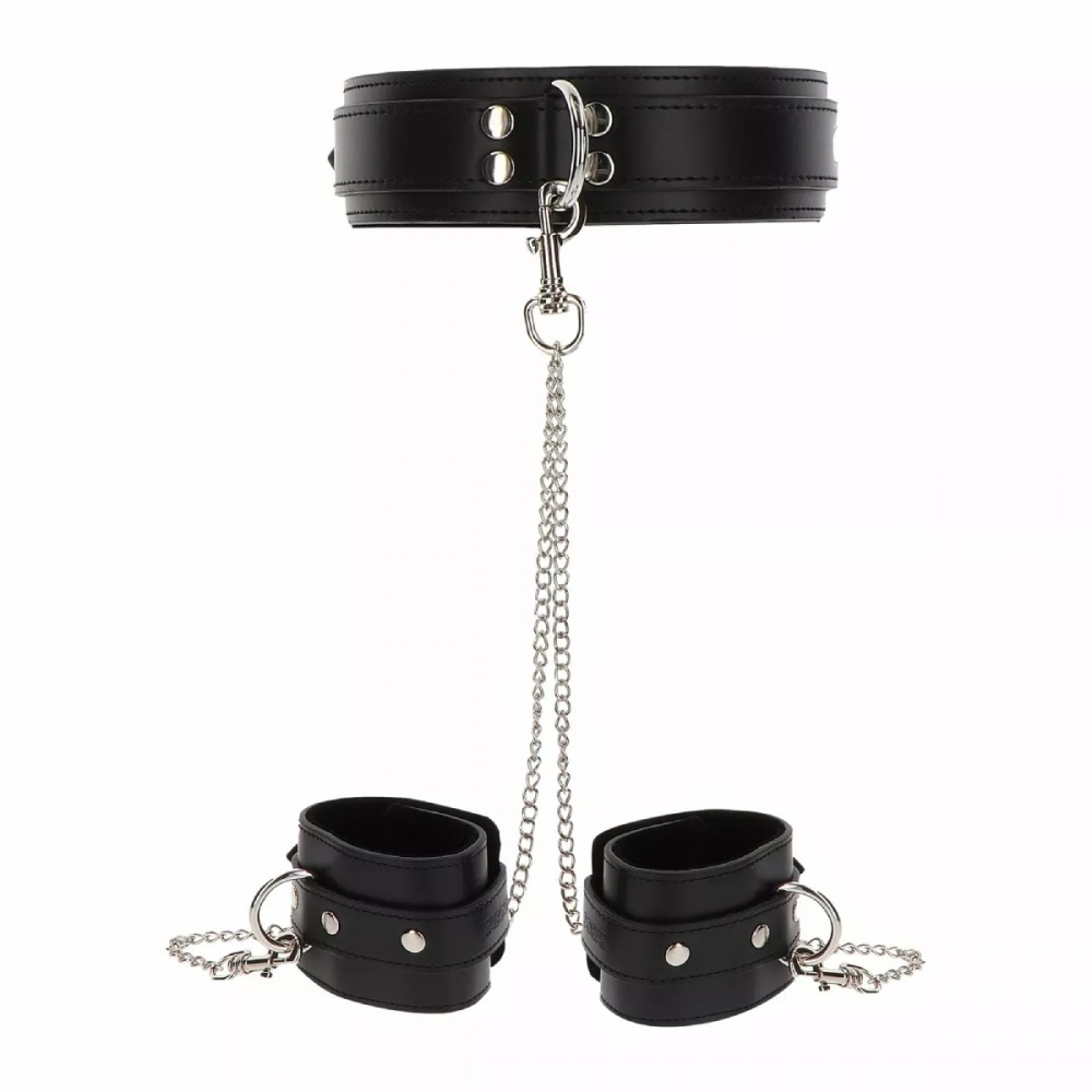 Широкий нашийник з наручниками та ланцюгом Taboom Luxury Bondage Essentials, чорний