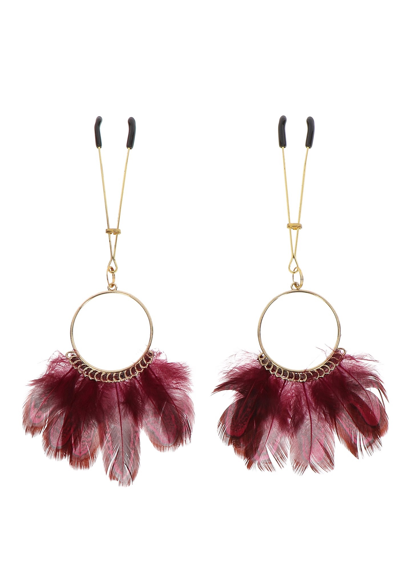 Затискачі на соски золотисті Taboom Nipple Play Tweezers With Feathers з червоним пір'ям