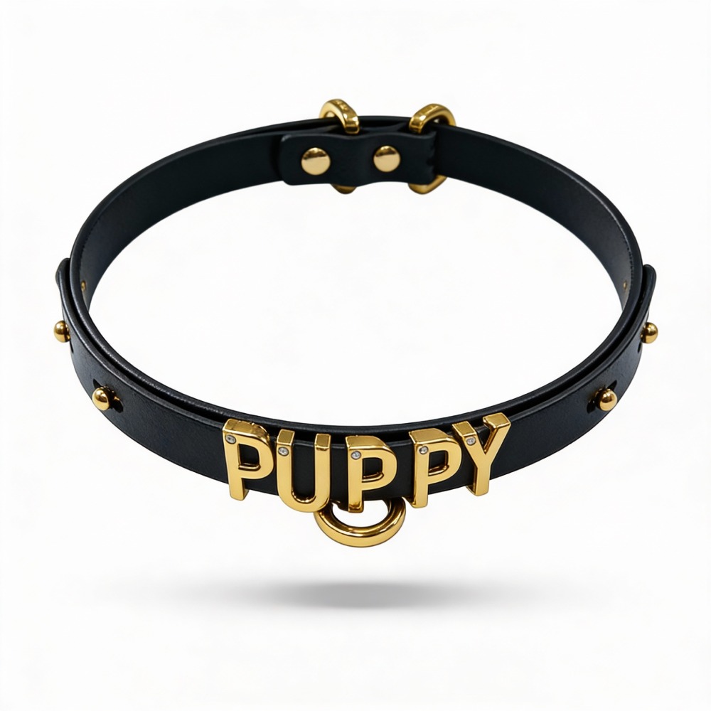 Чокер з написом PUPPY від UPKO з італійської шкіри, чорний із золотою фурнітурою