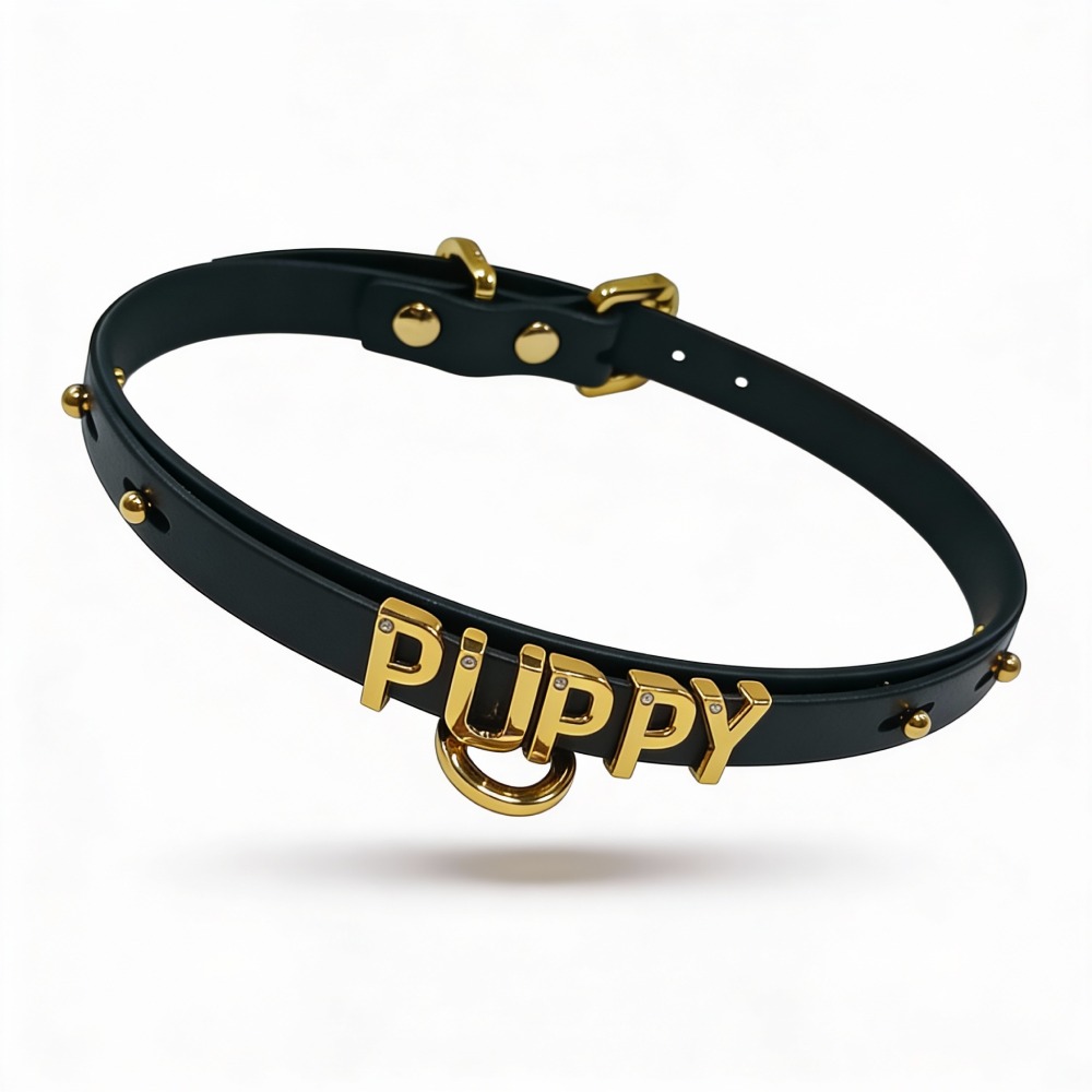 Чокер з написом PUPPY від UPKO з італійської шкіри, чорний із золотою фурнітурою
