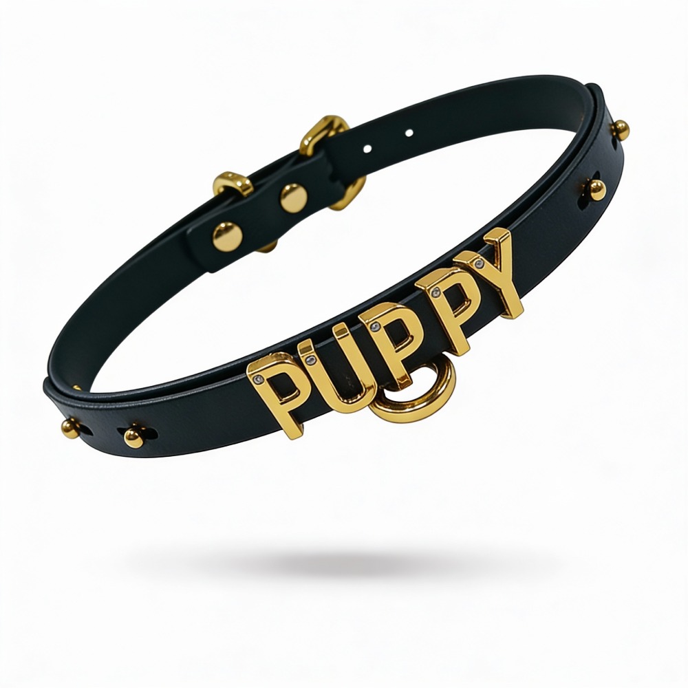 Чокер з написом PUPPY від UPKO з італійської шкіри, чорний із золотою фурнітурою