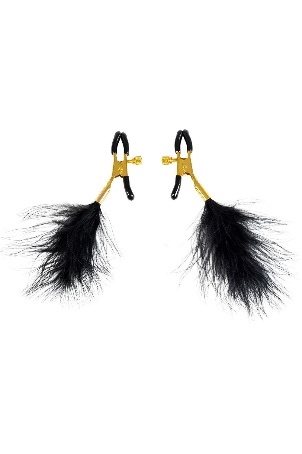 Затискачі для сосків Virgite Nipple Clamps з пір'ям, золотисто-чорні.